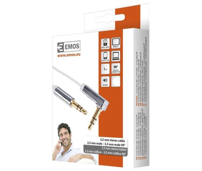 Cablu audio auxiliar 1m JACK 3.5 mm tata-tata la 90 grade alb Emos Cablu audio auxiliar 1m JACK 3.5 mm tata-tata la 90 grade alb Emos