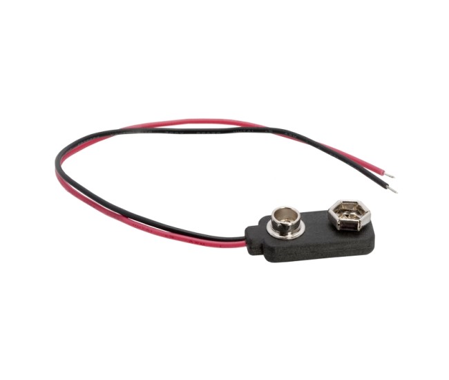Conector baterie 9V ranforsat pe fir 15cm Conector baterie 9V ranforsat pe fir 15cm