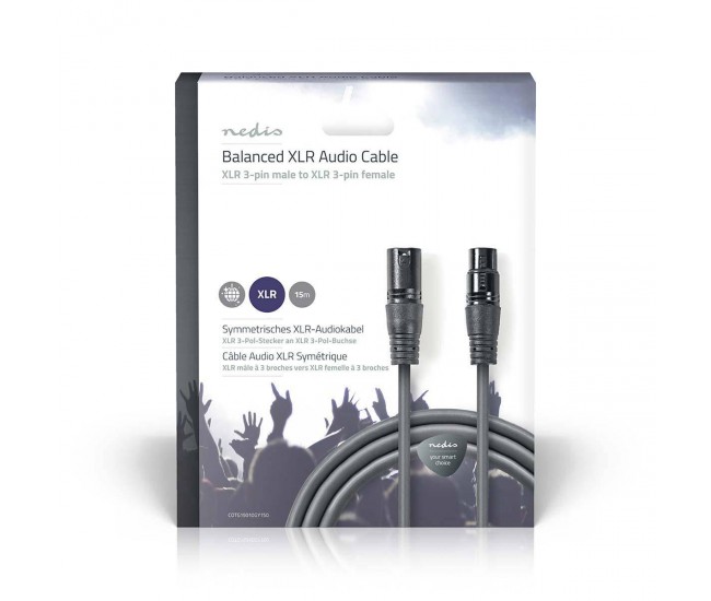 Cablu Balansat Audio XLR 3 Pini tata - XLR 3 Pini mama 15m Gri Nedis Cablu Balansat Audio XLR 3 Pini tata - XLR 3 Pini mama 15m Gri Nedis
