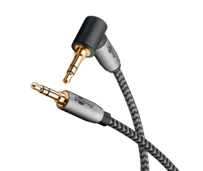 Cablu audio stereo 2m textil impletit Jack 3.5 mm - 3.5 mm 90 grade tata-tata aurit Goobay 65279