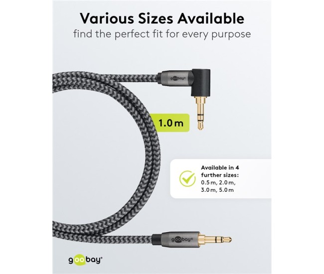 Cablu audio stereo 1m textil impletit Jack 3.5 mm - 3.5 mm 90 grade tata-tata aurit Goobay 65278