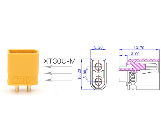 Mufa alimentare DC XT30 tata 2 pini pe cablu lipite 15A 500V AMASS XT30U-M Mufa alimentare DC XT30 tata 2 pini pe cablu lipite 15A 500V AMASS XT30U-M