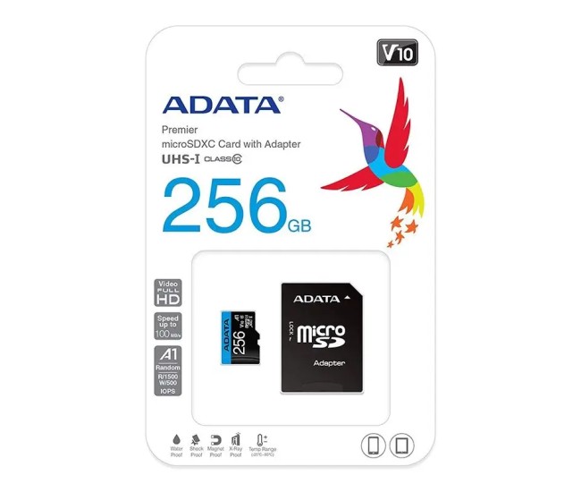 Card microSDXC 256GB +adaptor SD clasa 10 Adata AUSDX256GUICL10A1-RA1