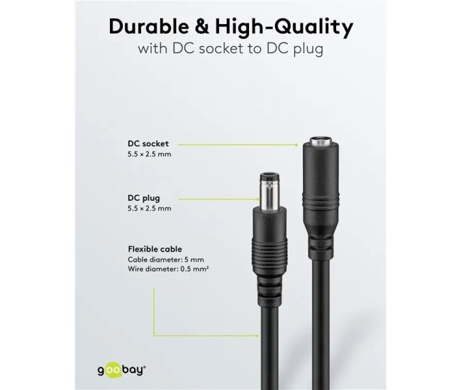 Cablu de extensie DC mama-tata 5.5x2.5mm 5m negru Goobay 76673