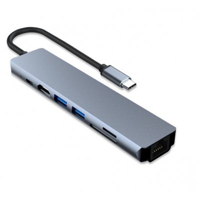 Cablu adaptor USB TYPE C - HDMI 4K/2K + 2x USB3.0 + USB TYPE C 100W + RJ45 LAN RETEA + CardRW SD + MicroSD