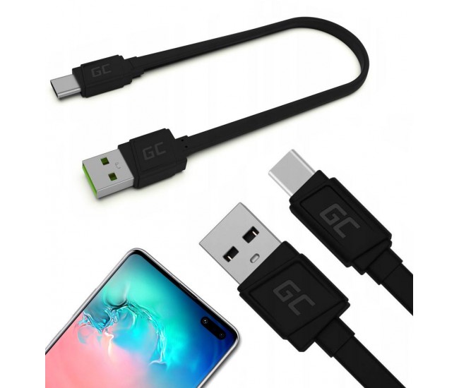 Cablu USB 2.0 A mufa - USB type C mufa 0.25m plat negru Green Cell KABGC03 Cablu USB 2.0 A mufa - USB type C mufa 0.25m plat negru Green Cell KABGC03