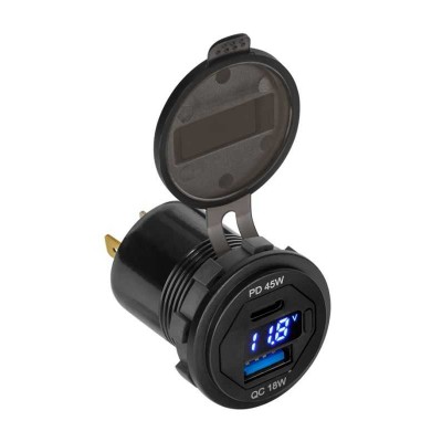 Mufa montaj incarcare auto 12-24V - USB + USB type C PD QC 3.0 63W cu display PY-CHR0007