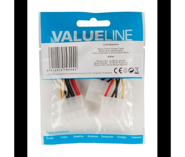 Cablu adaptor Intern PC sursa Molex tata - 2x Molex mama 0.15m Valueline Cablu adaptor Intern PC sursa Molex tata - 2x Molex mama 0.15m Valueline
