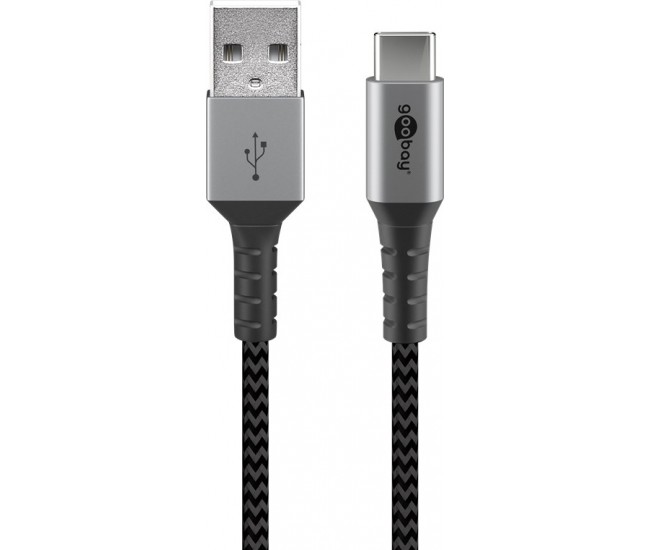 Cablu de date si incarcare USB A - USB type C 2m gri/argintiu textil flexibil Goobay 49297 Cablu de date si incarcare USB A - USB type C 2m gri/argintiu textil flexibil Goobay 49297