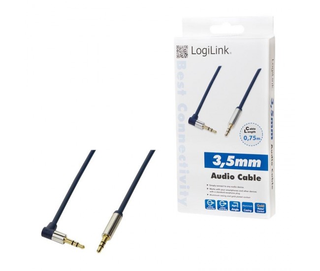 Cablu audio stereo 90 grade Jack 3.5 mm 0.75m tata-tata aurit albastru inchis carcasa aluminiu LOGILINK CA11075 Cablu audio stereo 90 grade Jack 3.5 mm 0.75m tata-tata aurit albastru inchis carcasa aluminiu LOGILINK CA11075