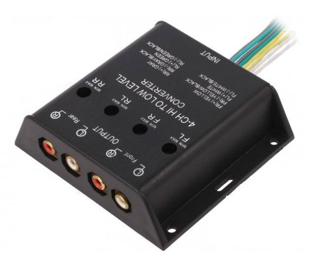 Convertor nivel semnale audio 40W Intrare cabluri iesire 4x RCA aurit 4CARMEDIA Convertor nivel semnale audio 40W Intrare cabluri iesire 4x RCA aurit 4CARMEDIA