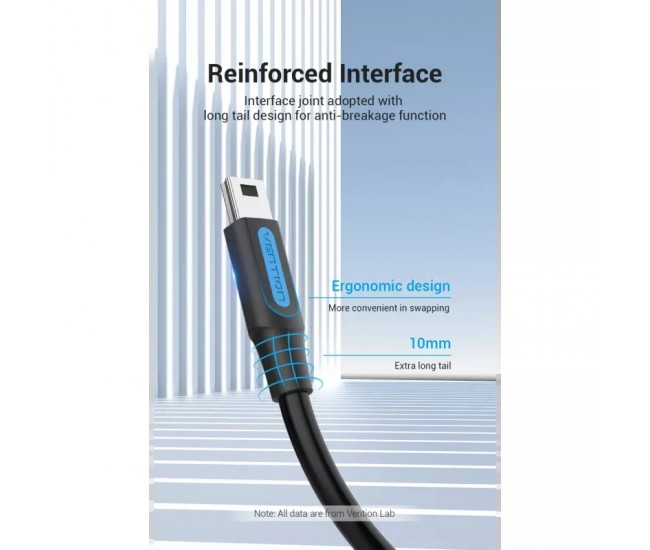 Cablu USB2.0 mini 5pin mufa tata - USB C mufa tata nichelat 2m negru dublu ecranat 2A VENTION COWBH