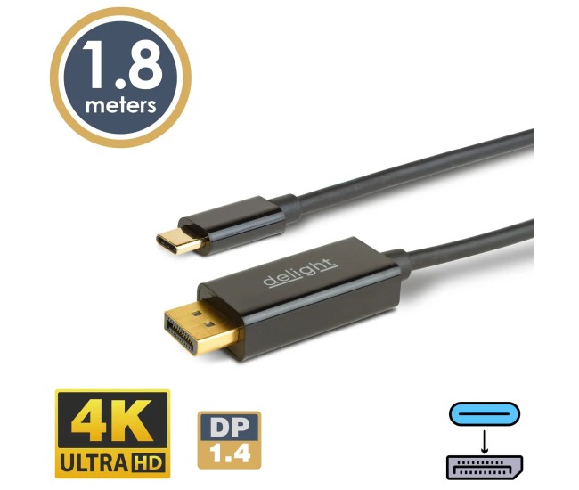 Cablu USB-C la DisplayPort v1.4 4K 60Hz 1.8m delight 20335B Cablu USB-C la DisplayPort v1.4 4K 60Hz 1.8m delight 20335B
