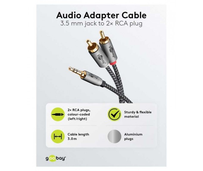 Cablu stereo premium extrem de flexibil textil 3m Jack 3.5 mm tata - 2x RCA tata negru Goobay Plus 65289 Cablu stereo premium extrem de flexibil textil 3m Jack 3.5 mm tata - 2x RCA tata negru Goobay Plus 65289