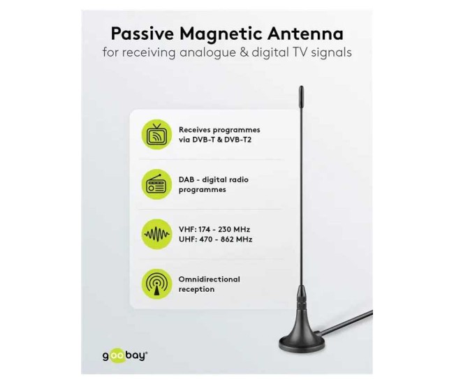 Mini antena magnetica pasiva DVB-T2 HD FM DAB Goobay 67090