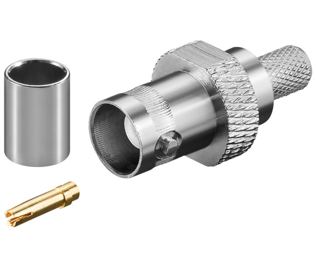 Cuplaj crimp mufa tata BNC pentru cablu RG59/U 50 ohm cu pin de aur Goobay Cuplaj crimp mufa tata BNC pentru cablu RG59/U 50 ohm cu pin de aur Goobay