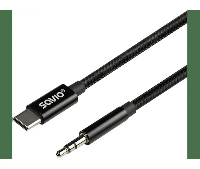 Cablu USB C tata la Jack 3.5 mm tata 1m negru textil SAVIO CL-187