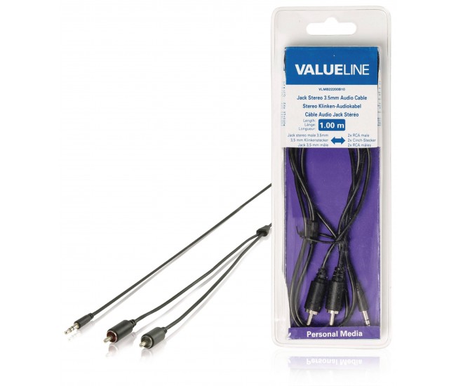 Cablu audio jack stereo 3.5 mm tata - 2x RCA tata 1m negru Valueline Cablu audio jack stereo 3.5 mm tata - 2x RCA tata 1m negru Valueline