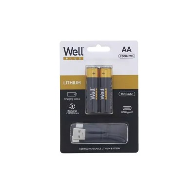 Acumulator AA R6 Li-ion 14500 1.5V 1660mAh 2500mWh cu incarcare 5V USB-C 2buc/blister Well ACCU-14500/166C-BL2-WL