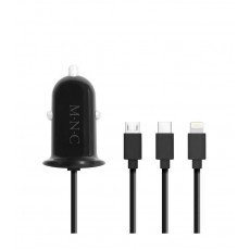 Adaptor 3in1 pentru bricheta auto 12-24V - USB + cablu Lightning Micro USB si USB Type-C 3.1A negru M`N`C 54920BK