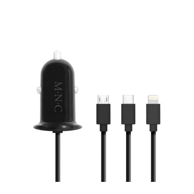 Adaptor 3in1 pentru bricheta auto 12-24V - USB + cablu Lightning Micro USB si USB Type-C 3.1A negru M`N`C 54920BK