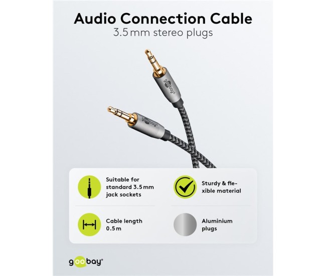 Cablu audio stereo AUX Jack 3.5 mm tata-tata 0.5m premium extrem de flexibil textil negru Goobay Plus 65272