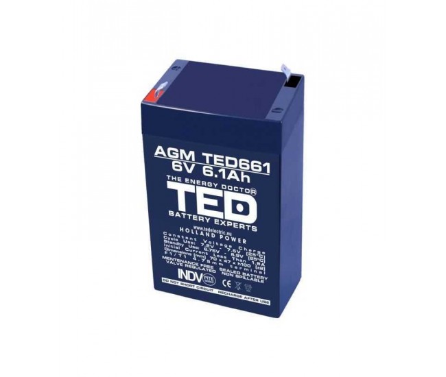 Acumulator AGM VRLA 6V 6.1A 70mm x 48mm x h 101mm F1 TED Battery Expert Holland Acumulator AGM VRLA 6V 6.1A 70mm x 48mm x h 101mm F1 TED Battery Expert Holland