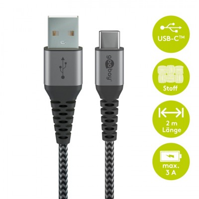 Cablu de date si incarcare USB A - USB type C 2m gri/argintiu textil flexibil Goobay 49297 Cablu de date si incarcare USB A - USB type C 2m gri/argintiu textil flexibil Goobay 49297