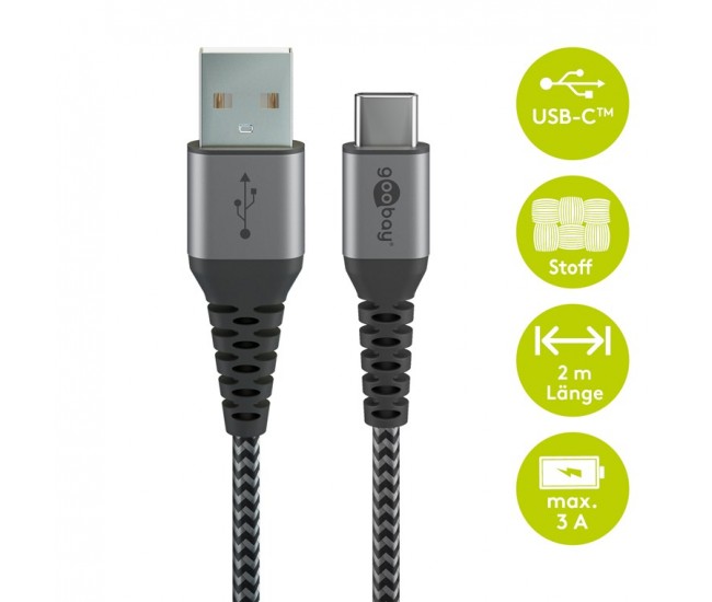 Cablu de date si incarcare USB A - USB type C 2m gri/argintiu textil flexibil Goobay 49297 Cablu de date si incarcare USB A - USB type C 2m gri/argintiu textil flexibil Goobay 49297