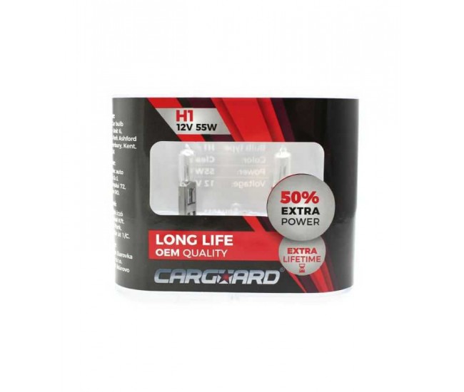 Set de 2 becuri Halogen H1 55W +50% Intensitate LONG LIFE 12V Carguard Set de 2 becuri Halogen H1 55W +50% Intensitate LONG LIFE 12V Carguard
