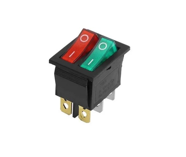 Intrerupator dublu ON-OFF 6 poli 250V 15A buton rosu + verde 22x28.4mm