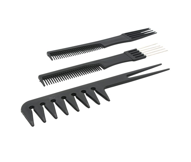 Set piepteni profesionali pentru coafat, Flippy, 10 bucati, PP + Otel inoxidabil, 18,5–22 cm, Rezistenti la caldura, Negru