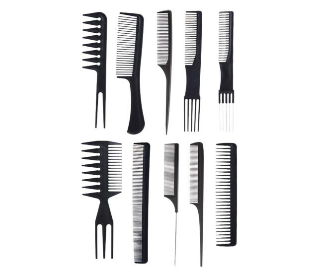 Set piepteni profesionali pentru coafat, Flippy, 10 bucati, PP + Otel inoxidabil, 18,5–22 cm, Rezistenti la caldura, Negru