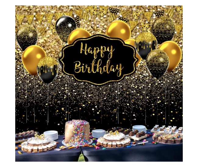 Banner Tip Fundal pentru Poze, Flippy, din Panza, 185 x 110 cm, Sfoara 6 m, Prindere in 4 Colturi, Negru/Auriu