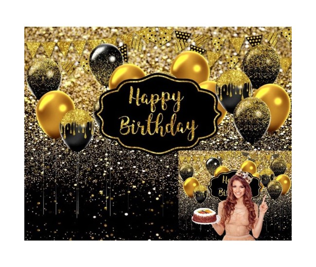 Banner Tip Fundal pentru Poze, Flippy, din Panza, 185 x 110 cm, Sfoara 6 m, Prindere in 4 Colturi, Negru/Auriu