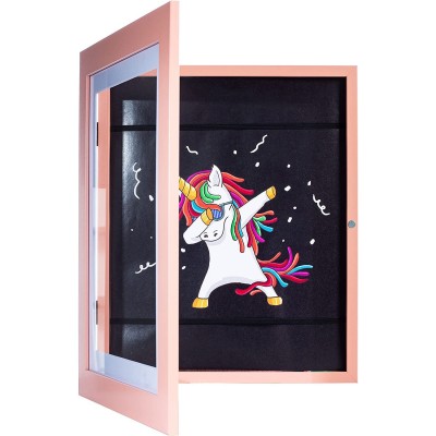 Rama Foto Flippy, cu Magnet, din Lemn, cu Spatiu Pentru Depozitare, Pentru Desene si Picturi A4, Sticla Securizata, Rama MDF, 21x30 cm, Roz