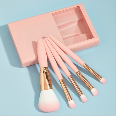 Set 5 Pensule de Machiaj cu Peri Moi, Flippy, cu Suport pentru Depozitare si Oglinda, Roz