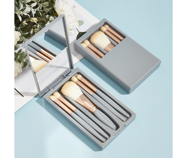 Set 5 Pensule de Machiaj cu Peri Moi, Flippy, cu Suport pentru Depozitare si Oglinda, Albastru