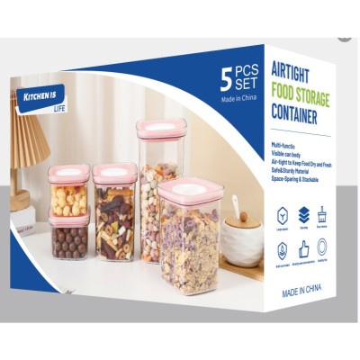 Set 5 cutii depozitare, Flippy, PET, Jar, PP, Silicon, 2000mL, Transparente, Capac alb-albastru
