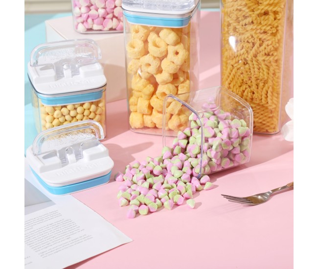 Cutii de Depozitare Alimente, Flippy, Set din 5 Cutii de tip Container, 1x0.5 l, 2x0.8 l, 1x1.2 l, 1x1.9 l, Recipiente pentru Cereale in Bucatarie, Transparente cu Capac Albastru-Alb Cutii de Depozitare Alimente, Flippy, Set din 5 Cutii de tip Container, 1x0.5 l, 2x0.8 l, 1x1.2 l, 1x1.9 l, Recipiente pentru Cereale in Bucatarie, Transparente cu Capac Albastru-Alb