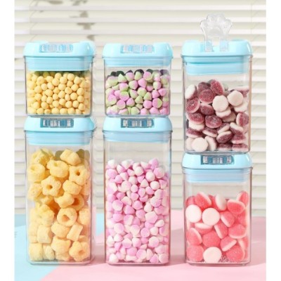 Cutii de Depozitare Alimente, Flippy, Set din 6 Cutii de tip Container, 2x0.5 l, 2x0.8 l, 2x1.2 l, Recipiente pentru Cereale in Bucatarie,  Transparente cu Capac Albastru