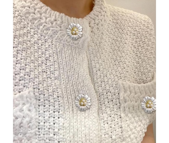 Accesoriu pentru Nasturi, Flippy, Model Floare cu Perle, din Metal, 2.5 x 1.7 cm, Argintiu