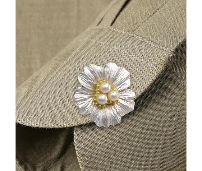 Accesoriu pentru Nasturi, Flippy, Model Floare cu Perle, din Metal, 2.5 x 1.7 cm, Argintiu