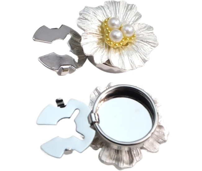 Accesoriu pentru Nasturi, Flippy, Model Floare cu Perle, din Metal, 2.5 x 1.7 cm, Argintiu
