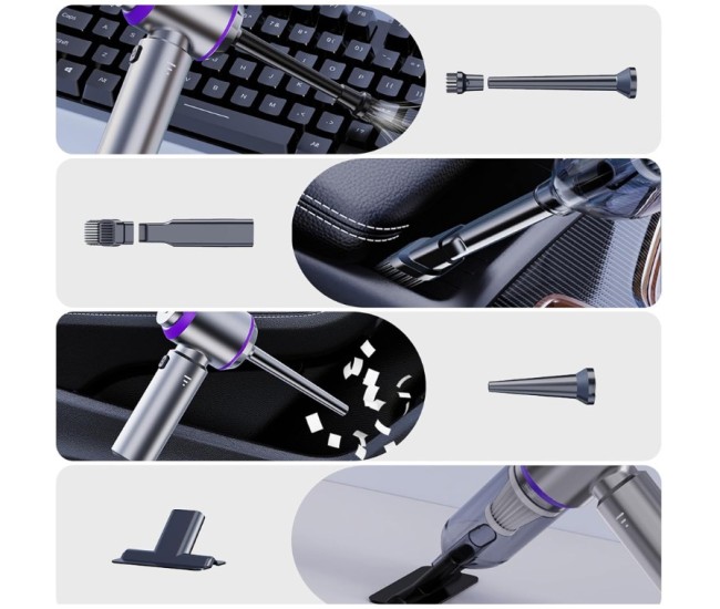 Aspirator Portabil Auto, Flippy, pentru Casa si Masina, 3 Viteze, Incarcator Tip-C cu Incarcare Rapida, Tub Prelungitor, 2000mAh, 7 Capete de Aspirare si Suflare, 21x20x6.5 cm, Argintiu Mov Aspirator Portabil Auto, Flippy, pentru Casa si Masina, 3 Viteze, Incarcator Tip-C cu Incarcare Rapida, Tub Prelungitor, 2000mAh, 7 Capete de Aspirare si Suflare, 21x20x6.5 cm, Argintiu Mov