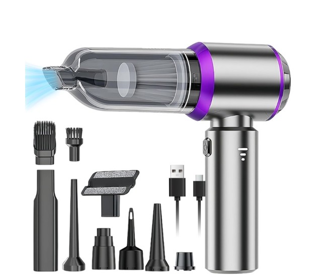 Aspirator Portabil Auto, Flippy, pentru Casa si Masina, 3 Viteze, Incarcator Tip-C cu Incarcare Rapida, Tub Prelungitor, 2000mAh, 7 Capete de Aspirare si Suflare, 21x20x6.5 cm, Argintiu Mov Aspirator Portabil Auto, Flippy, pentru Casa si Masina, 3 Viteze, Incarcator Tip-C cu Incarcare Rapida, Tub Prelungitor, 2000mAh, 7 Capete de Aspirare si Suflare, 21x20x6.5 cm, Argintiu Mov