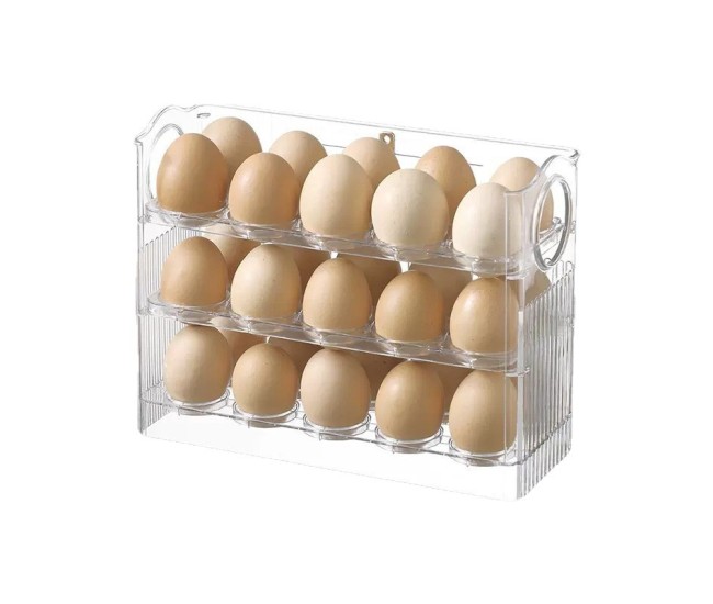 Suport Organizator pentru Oua, Flippy, pentru Frigider, Transparent, Capacitate 30 oua, Trei straturi