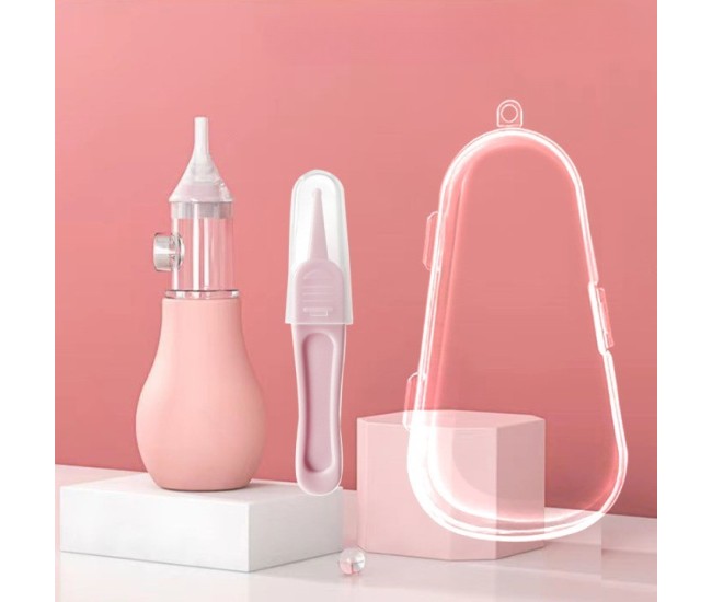 Set Aspirator Nazal pentru Copii, Flippy, Manual, Anti-Reflux, cu Pompita, Usor de Curatat, Varf din Silicon, 11.2x4cm, Roz