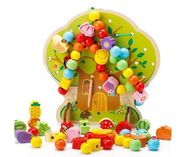 Jucarie Educativa Montessori 2 in 1 din Lemn, Flippy, Model Pomul cu Fructe, 102 piese, Dezvoltare Motricitate Fina, Copii 3+ ani, 21.5 x 21.4 x 5 cm, Multicolor