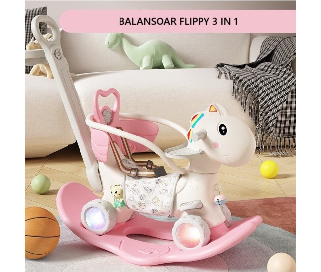 Balansoar pentru Copii, Flippy, 3in1, cu Spatar si Bara de Siguranta, Maner cu Cos de Basket, Tava de Masa, Roti Luminoase, 80 x 43 x 83 cm, din Plastic, + 3 Ani, Roz Balansoar pentru Copii, Flippy, 3in1, cu Spatar si Bara de Siguranta, Maner cu Cos de Basket, Tava de Masa, Roti Luminoase, 80 x 43 x 83 cm, din Plastic, + 3 Ani, Roz